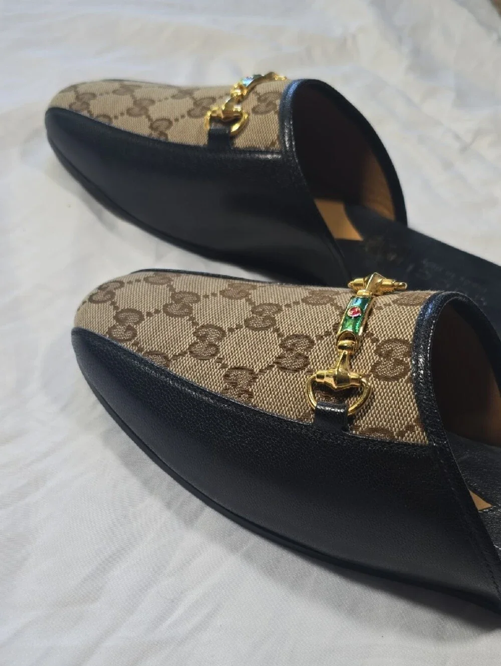 Gucci Brown & Black GG Canvas Slip-On Mules with Gold Horsebit